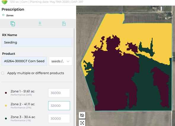 A variable rate seeding prescription derived from PlanetScope Normalized Difference Vegetative Index (NDVI) data using Taranis.