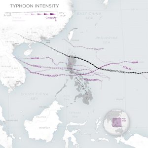 Map of Typhoons that made landfall in the Philippines during the 2020 typhoon season. The opacity of the typhoon path corresponds to the intensity of the storm, while the width indicates the relative radius of the storm. © 2020, Planet Labs Inc. All Rights Reserved.