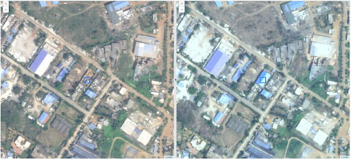 The comparison of past and current imagery captures an unauthorized new building indicated by the blue square identifying illegal land use. Credit: Vassar Labs