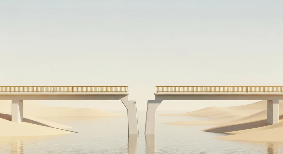 Minimalist 3D render of a bridge with a gap in the middle, representing Australia's agentic AI adoption gap Minimalist 3D render of a bridge with a gap in the middle, representing Australia's agentic AI adoption gap