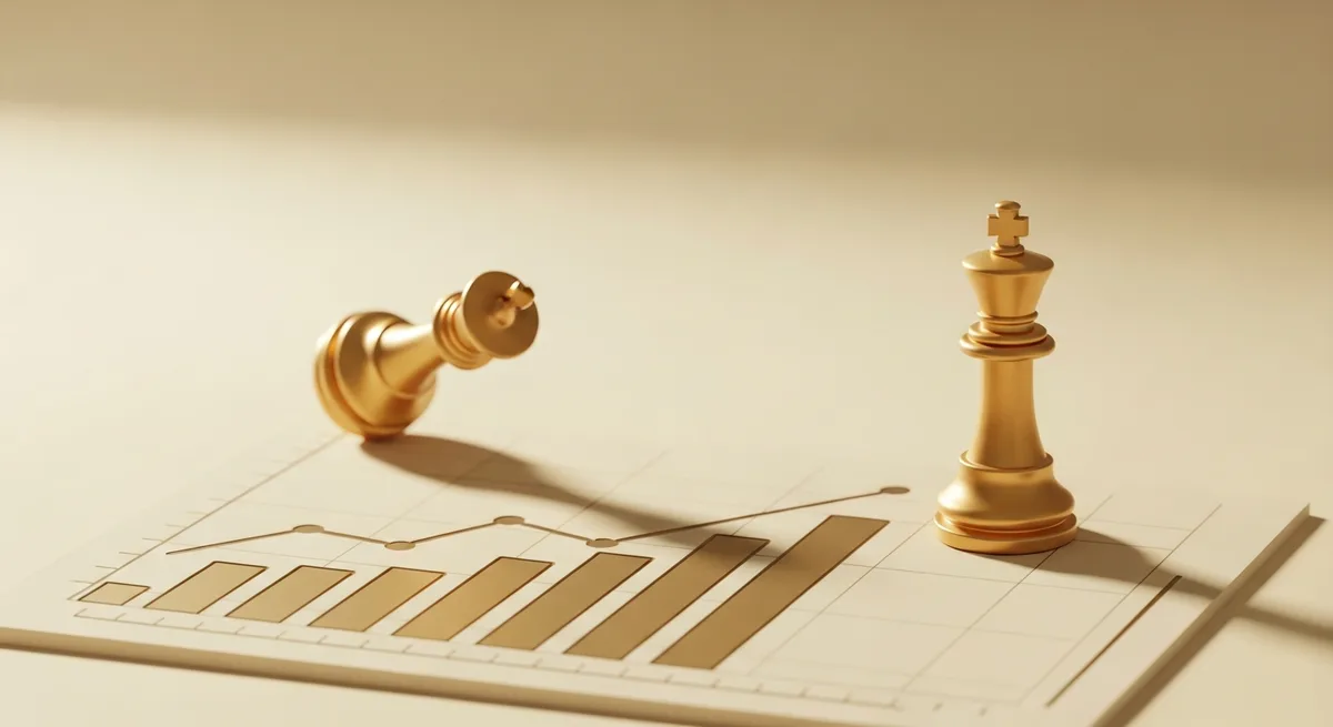 Gold chess pieces on a rising bar chart representing strategic predictive analytics and market intelligence