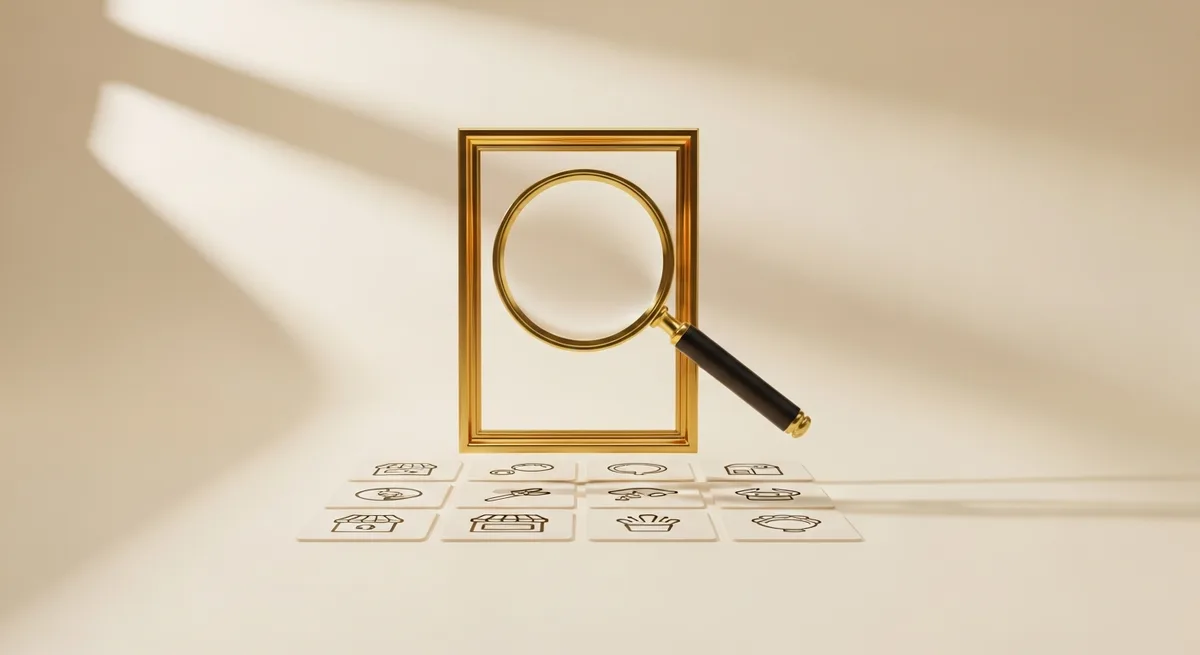 Minimalist 3D render of a magnifying glass hovering over abstract shop icons in warm cream and gold tones, representing automated vendor discovery and lead scoring
