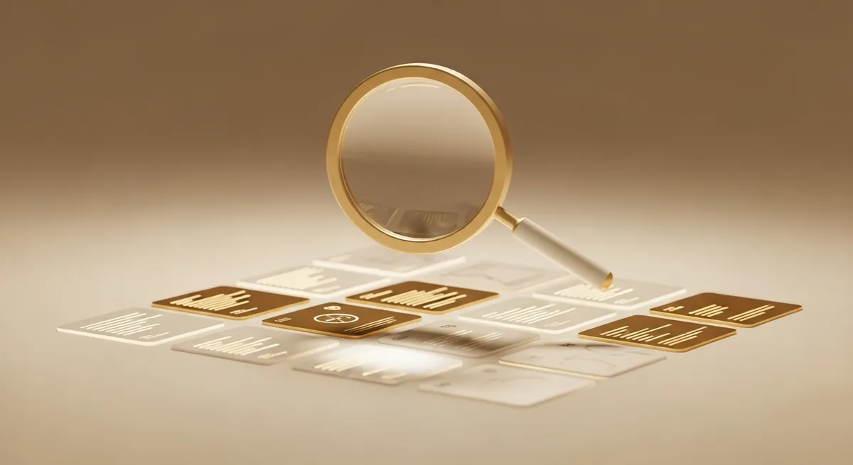 Gold magnifying glass examining a grid of data cards, representing vendor data enrichment and validation