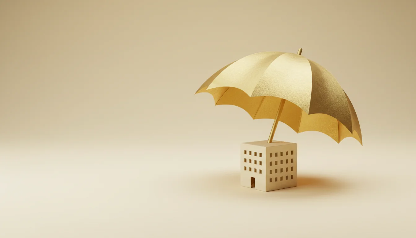 Paper-cut gold umbrella sheltering a small cream office building, representing commercial property and professional indemnity insurance in Brisbane