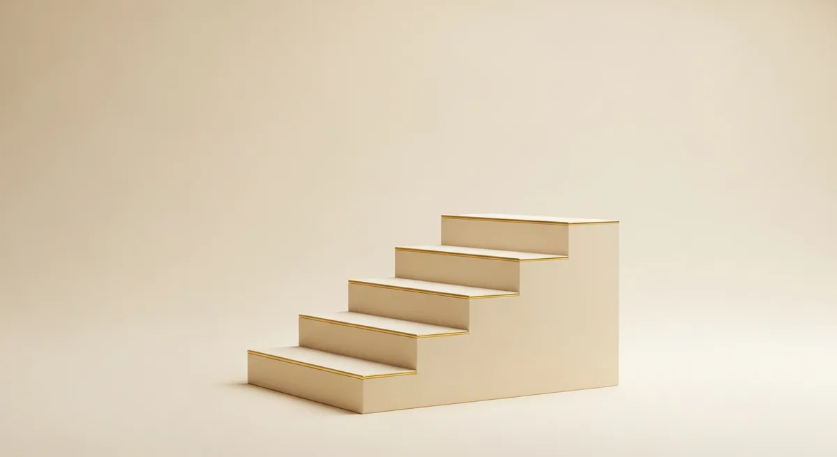 Minimalist cream and gold ascending staircase representing the three-level beginner ladder for starting with AI in business Minimalist cream and gold ascending staircase representing the three-level beginner ladder for starting with AI in business