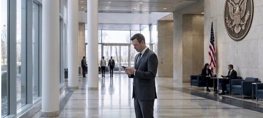 Federal facility personnel using mobile technology inside a large government building, illustrating the importance of reliable indoor cellular connectivity. 
