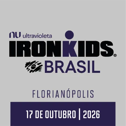 Imagem de divulgação da corrida 2026 NUBANK ULTRAVIOLETA IRONKIDS IRONMAN 70.3 Florianópolis