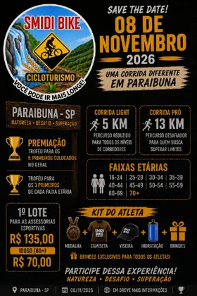 Imagem de divulgação da corrida 1ª Corrida Rústica Paraibuna Smidi Bike Cicloturismo