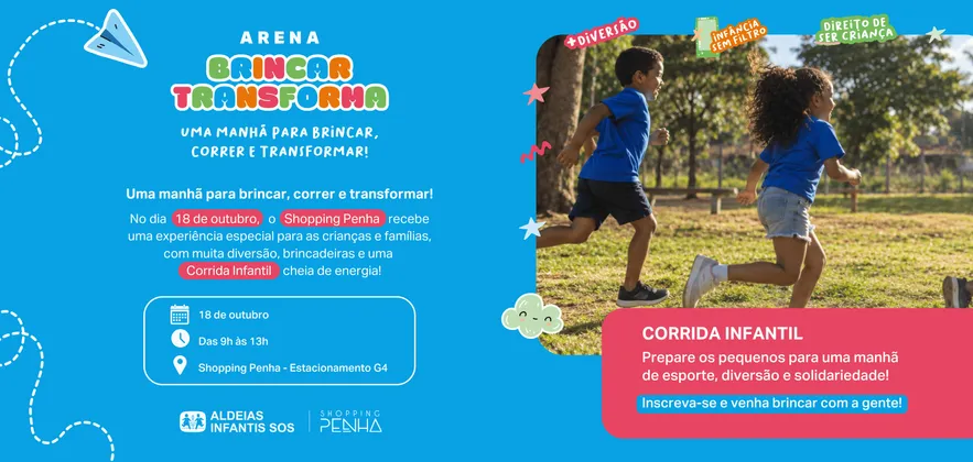 Imagem de divulgação da corrida Brincar Transforma - Corrida Infantil Shopping Penha