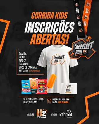 Imagem de divulgação da corrida 3ª Night Run Kids H2 Team- Ponte Nova