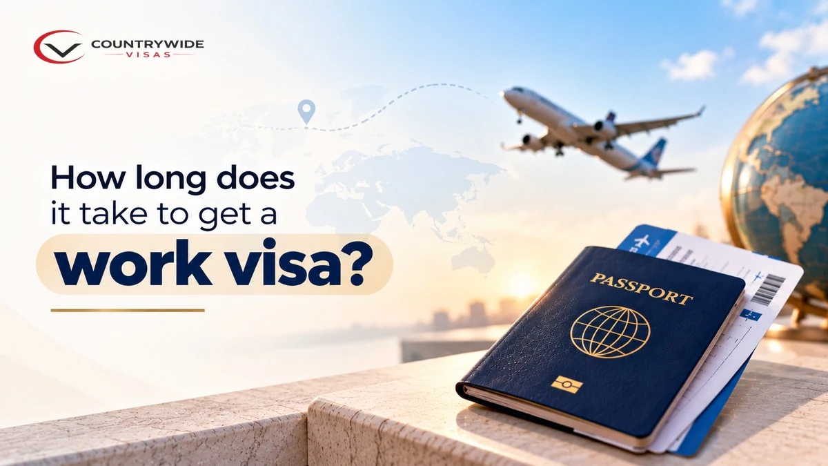 Professional reviewing a passport and employment documents while checking the expected work visa processing time.