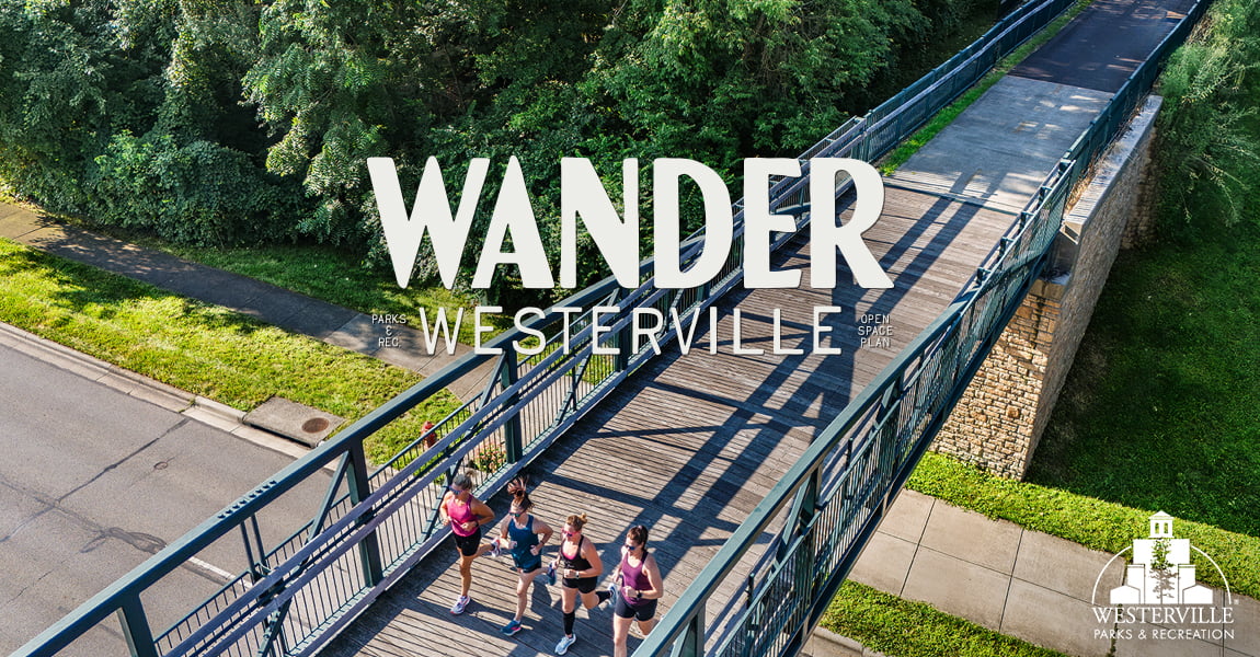 Wander Westerville — people jogging on a bridge scene with the Wander Westerville wordmark and the Westerville Parks & Recreation logo