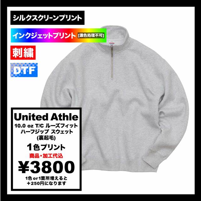 United Athle ユナイテッドアスレ 10.0 oz T/C ルーズフィット ハーフジップ スウェット (裏起毛) (品番5788-01)