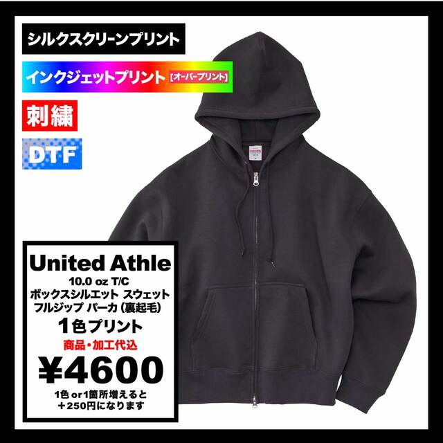 United Athle ユナイテッドアスレ 10.0 oz T/C ボックスシルエット スウェット フルジップ パーカ (裏起毛)(品番5621-01)