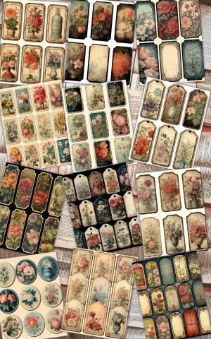 12 papers | Antique Floral Blank Labels Scrapbooking Papers | Vintage Design for Invitations, Digital Planners, Junk Journals