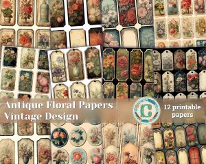 12 papers | Antique Floral Blank Labels Scrapbooking Papers | Vintage Design for Invitations, Digital Planners, Junk Journals