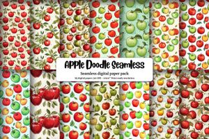 Digital Pattern Paper - Apple Clipart, Doodle Style, Cute Watercolor Illustration, Seamless Texture, Big Elements, Light Backgrounds