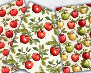 Digital Pattern Paper - Apple Clipart, Doodle Style, Cute Watercolor Illustration, Seamless Texture, Big Elements, Light Backgrounds