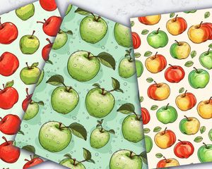 Digital Pattern Paper - Apple Clipart, Doodle Style, Cute Watercolor Illustration, Seamless Texture, Big Elements, Light Backgrounds