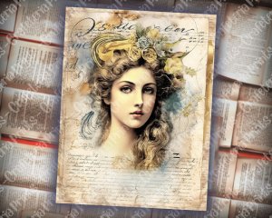 Digital Watercolor Junk Journal Page with Greek Goddess Artemis, Mythology Scene, Shabby Chic Ephemera, Perfect for Invitations, Planners