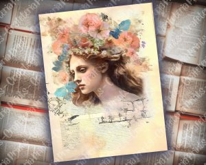 Digital Watercolor Junk Journal Page with Greek Goddess Artemis, Mythology Scene, Shabby Chic Ephemera, Perfect for Invitations, Planners