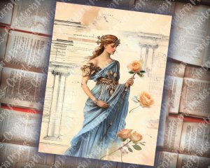 Digital Watercolor Junk Journal Page with Greek Goddess Artemis, Mythology Scene, Shabby Chic Ephemera, Perfect for Invitations, Planners