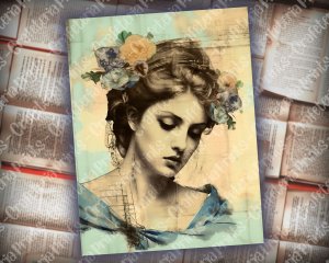 Digital Watercolor Junk Journal Page with Greek Goddess Artemis, Mythology Scene, Shabby Chic Ephemera, Perfect for Invitations, Planners