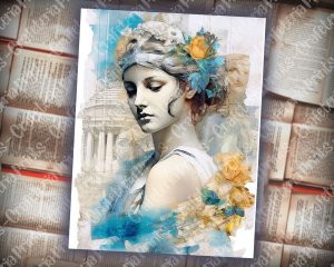 Digital Watercolor Junk Journal Page with Greek Goddess Artemis, Mythology Scene, Shabby Chic Ephemera, Perfect for Invitations, Planners