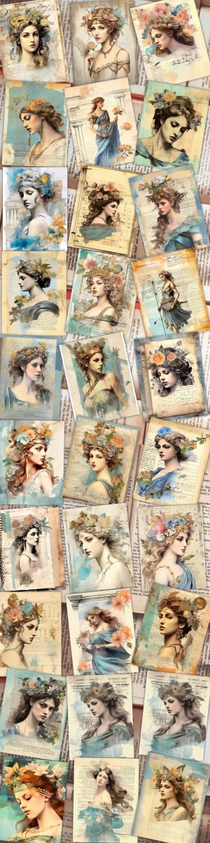 Digital Watercolor Junk Journal Page with Greek Goddess Artemis, Mythology Scene, Shabby Chic Ephemera, Perfect for Invitations, Planners