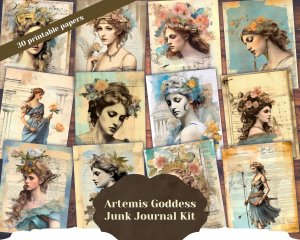 Digital Watercolor Junk Journal Page with Greek Goddess Artemis, Mythology Scene, Shabby Chic Ephemera, Perfect for Invitations, Planners