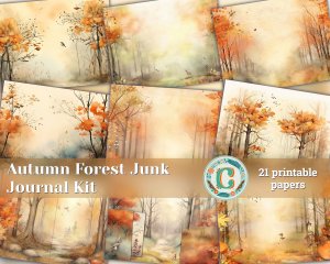 Watercolor Autumn Forest Digital Junk Journal Background, Fairy Forest Collage Printable, Nature Journal Paper, Forest Background