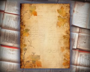 18 papers | Vintage Autumn Scrapbooking Kit, Distressed Watercolor Leaves & Floral Design, Printable Shabby Chic Journaling Pages