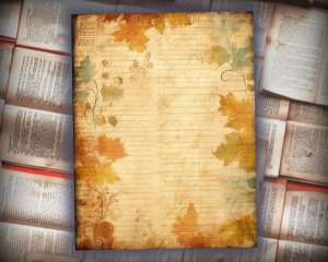 18 papers | Vintage Autumn Scrapbooking Kit, Distressed Watercolor Leaves & Floral Design, Printable Shabby Chic Journaling Pages