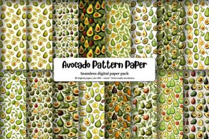 Digital Pattern Paper - Avocado Clipart, Doodle Style, Cute Watercolor Illustration, Seamless Texture, Big Elements, Empty Space