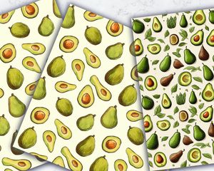 Digital Pattern Paper - Avocado Clipart, Doodle Style, Cute Watercolor Illustration, Seamless Texture, Big Elements, Empty Space