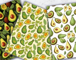 Digital Pattern Paper - Avocado Clipart, Doodle Style, Cute Watercolor Illustration, Seamless Texture, Big Elements, Empty Space