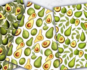 Digital Pattern Paper - Avocado Clipart, Doodle Style, Cute Watercolor Illustration, Seamless Texture, Big Elements, Empty Space