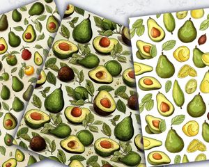 Digital Pattern Paper - Avocado Clipart, Doodle Style, Cute Watercolor Illustration, Seamless Texture, Big Elements, Empty Space