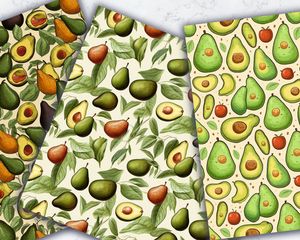 Digital Pattern Paper - Avocado Clipart, Doodle Style, Cute Watercolor Illustration, Seamless Texture, Big Elements, Empty Space