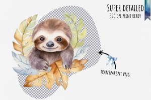 Instant Download Watercolor Cute Pastel Baby Sloth Leaves Clipart Bundle - PNG Images, Digital Clipart Watercolor, Clean Isolated on White