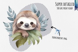 Instant Download Watercolor Cute Pastel Baby Sloth Leaves Clipart Bundle - PNG Images, Digital Clipart Watercolor, Clean Isolated on White