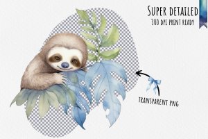 Instant Download Watercolor Cute Pastel Baby Sloth Leaves Clipart Bundle - PNG Images, Digital Clipart Watercolor, Clean Isolated on White