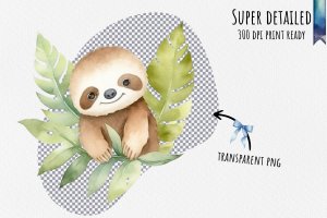 Instant Download Watercolor Cute Pastel Baby Sloth Leaves Clipart Bundle - PNG Images, Digital Clipart Watercolor, Clean Isolated on White