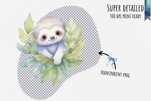 Instant Download Watercolor Cute Pastel Baby Sloth Leaves Clipart Bundle - PNG Images, Digital Clipart Watercolor, Clean Isolated on White