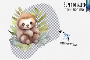 Instant Download Watercolor Cute Pastel Baby Sloth Leaves Clipart Bundle - PNG Images, Digital Clipart Watercolor, Clean Isolated on White