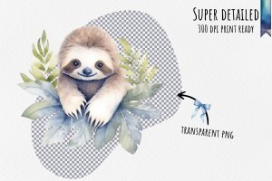 Instant Download Watercolor Cute Pastel Baby Sloth Leaves Clipart Bundle - PNG Images, Digital Clipart Watercolor, Clean Isolated on White