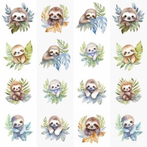 Instant Download Watercolor Cute Pastel Baby Sloth Leaves Clipart Bundle - PNG Images, Digital Clipart Watercolor, Clean Isolated on White