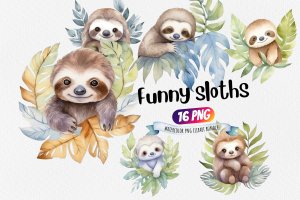 Instant Download Watercolor Cute Pastel Baby Sloth Leaves Clipart Bundle - PNG Images, Digital Clipart Watercolor, Clean Isolated on White