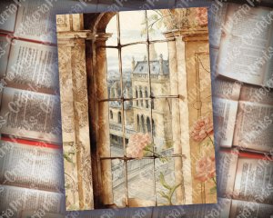 Printable Scrapbook Pages: Vintage Watercolor Balcony Window with Spring Flowers - Neutral Old Paper, Intricate Detail, Stamperia Design