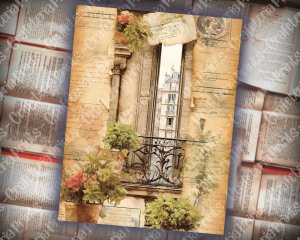 Printable Scrapbook Pages: Vintage Watercolor Balcony Window with Spring Flowers - Neutral Old Paper, Intricate Detail, Stamperia Design